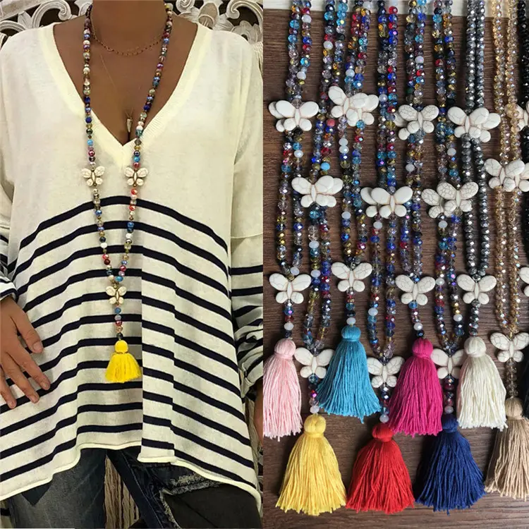 Clarer — collier de pull à nœud blanc Turquoise, nouvelle mode pour filles, chaîne de chandail, cristal coloré fait à la main avec perles et pampilles