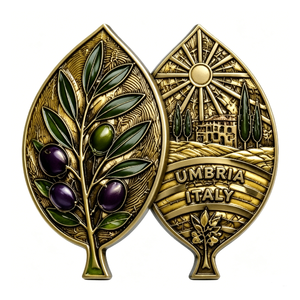 Médaille souvenir en laiton plaqué or d'Umbria, Italie, de forme irrégulière, avec impression en relief sur le thème des fruits, pièce de collection - Product Image 3
