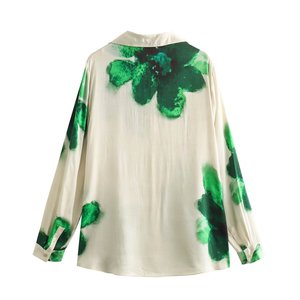 Camicette Casual da <span class=keywords><strong>Donna</strong></span> alla Moda <span class=keywords><strong>Beige</strong></span> Verde con Bottoni Colletto Rovesciato Maniche Lunghe Tessuto Vintage con Motivo Stampato Traspirante - Product Image 4