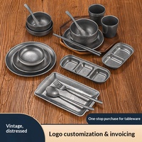Ensemble de vaisselle vintage de luxe léger en acier inoxydable, assiettes et bols rétro pour restaurant BBQ, plat à sauce commercial, assiette, tasse à eau