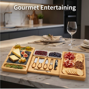 GL Planche à fromage en bambou multifonctionnelle étendue avec couteau Set d'<span class=keywords><strong>ardoise</strong></span> Plateau alimentaire pour fête et restaurant Plateau de service - Product Image 2