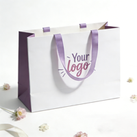 Sacs shopping en papier recyclé lilas de luxe imprimés sur mesure avec logo pour l'emballage de vêtements avec poignée