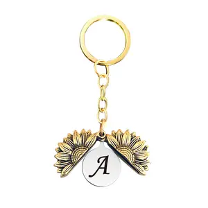 Ywganggu Blank Customised Keychain Stainless Steel Double Opening Metal Sunflower Key Chains 26 Letters Flowers For Laser