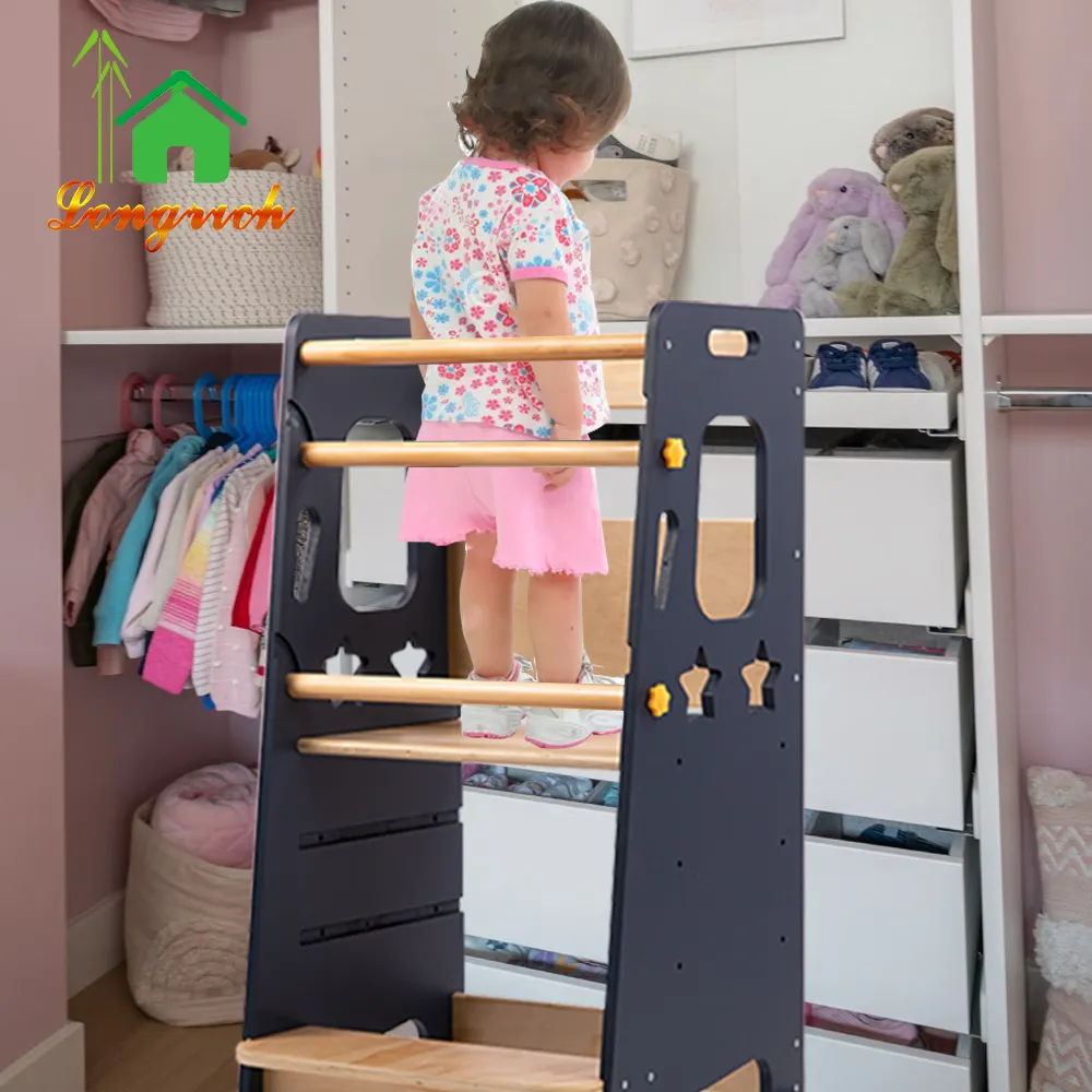 Wood Kitchen Helper Step Stool Learning Tower Adjustable Height Foldable Montessori Learning Tower With Blackboard