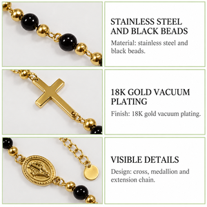 Black Bead Cross <b>Medallion</b> Bracelet , Stainless Steel, 18K <b>Gold</b> Vacuum Plated, 160mm + 40mm - Product Image 4