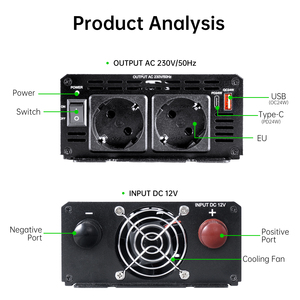 Inversor de Corriente de Onda Sinusoidal Pura de 1000W, 12V DC a 230V AC, Inversor para Batería de Coche con USB QC PD para RV y Automóviles - Product Image 5