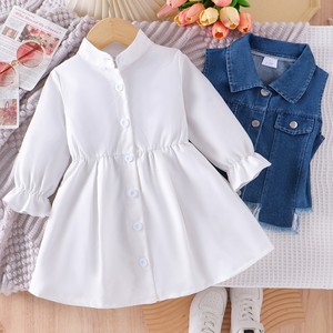 Vestido de Encaje Blanco de Manga Larga con Burbujas, Estilo Casual para Niñas, Primavera-Otoño, con Chaleco Vaquero Irregular, 2 Piezas, Ropa Infantil Nueva - Product Image 2