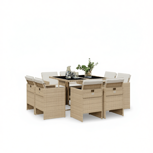 Ensemble de salle à manger de jardin en rotin beige pour 8 personnes, mobilier d'extérieur résistant aux intempéries, design contemporain - Product Image 1