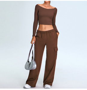 Sexy Off-Shoulder Long Sleeve Breathable Sweat-Wicking Quick Dry Spandex/Nylon Solid Front <b>Crop</b> <b>Top</b> Skinny Fit Women's Sports - Product Image 2