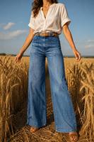 Pantalones Vaqueros Holgados de Verano para Mujer, Cintura Alta, Pierna Ancha, Azul Medio, Bolsillos Delanteros Grandes, Pantalones de Mezclilla Casuales para Trabajo
