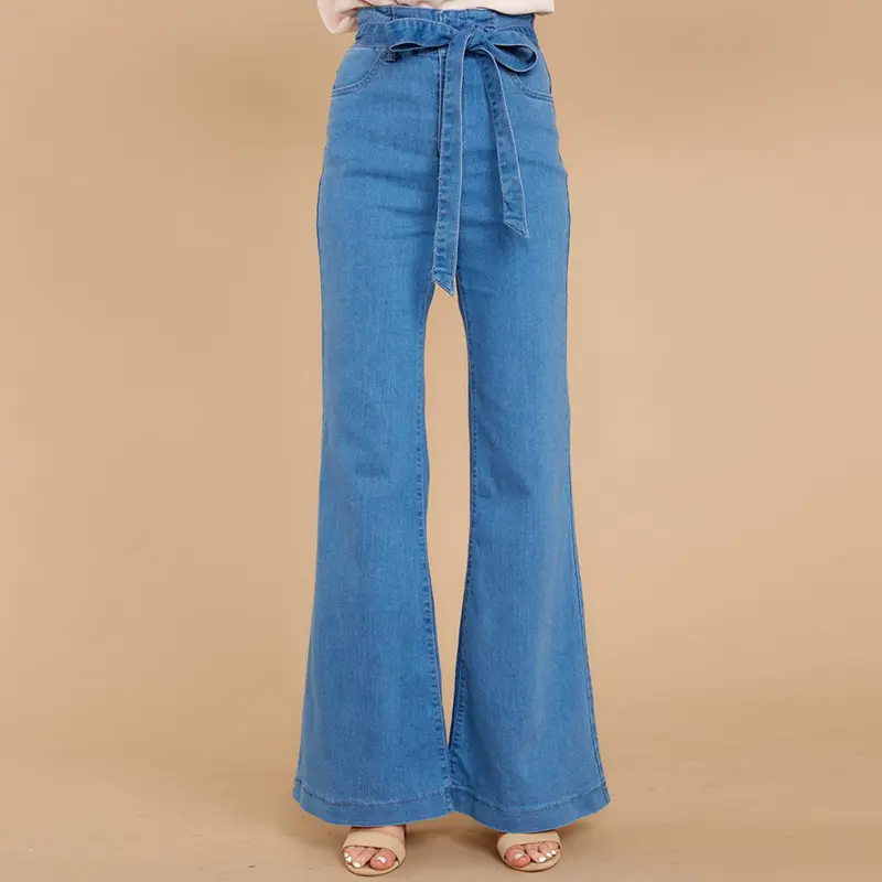 Thời Trang Phụ Nữ Quần Thời Trang dạo phố Màu Xanh Căng loe Cao Eo Chuông Botton Phụ Nữ Của Quần Jean Denim