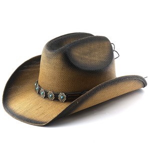 Precio de fábrica Sombrero de vaquero occidental retro elegante estilo Texas, Sombrero de paja de papel pintado al por mayor, Cinturón para sombrero de vaquero mexicano - Product Image 1
