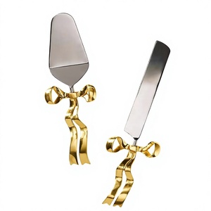 Silver Cake Server Set With <b>Bow</b> Design Polished Metal Wedding Utensils Dishwasher Safe Modern <b>Gifting</b> - Product Image 2