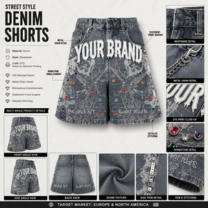 Nuevos Shorts Vaqueros Retro Estilo Americano, Corte Holgado, Cintura Media, con Pedrería, Estampado de Grafiti, para Hombre - Product Image 2
