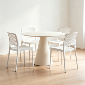 Modern White Plastic <b>Dining</b> <b>Chair</b> With Geometric Backrest <b>Stackable</b> Design Minimalist Style Home Furniture - Product Image 4