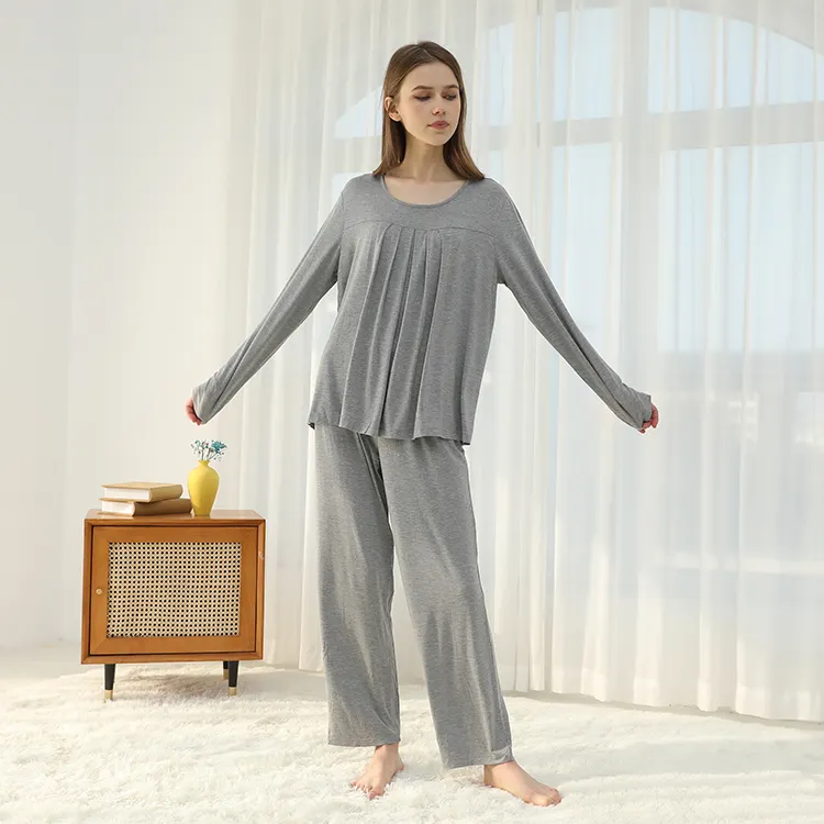 Kadın pijama 2 adet katı üst ve pantolon yumuşak bambu viskon pijama seti