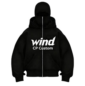 Venta al por mayor personalizado bordado doble capucha Ninja doble capa pulóver de talla grande peso pesado cremallera completa pasamontañas sudaderas con capucha hombres - Product Image 2