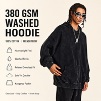 Sudadera con Capucha de Felpa Francesa de Algodón 380GSM, Negra Lavada, Tallas Grandes, Estilo Americano Vintage, Corte Holgado, para Hombre, Venta al Por Mayor