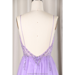 优雅的丁香紫色a线意大利面条带透视薄纱婚礼派对礼服现代伴娘舞会礼服高品质 - Product Image 6