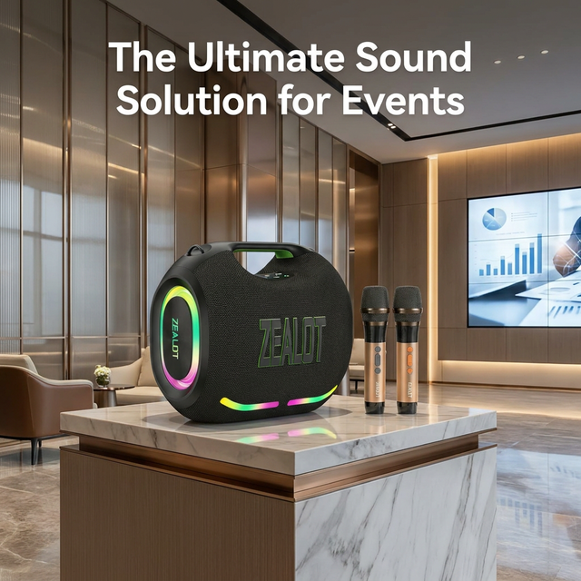 ZEALOT 120W High-Power Waterproof Party Speaker with RGB LED Lighting & 2 Microphones for Home & Corporate Events ZE01