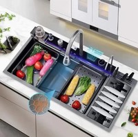 Évier de cuisine multifonction en acier inoxydable 304 noir nano, fait main, double bac, avec robinet à quatre trous, accessoires d'évier de cuisine moderne