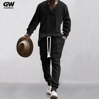 Ensemble deux pièces décontracté en coton tricoté pour homme grande taille, chemise à manches longues col en V respirante unie confortable pour l'automne