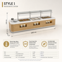 Table de buffet commerciale en bois avec protection anti-éclaboussures en verre, bain-marie chauffant à quatre bacs pour restaurant