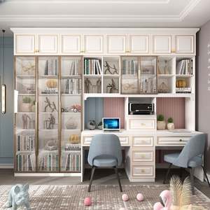 Escritorio Doble de Madera Maciza Estilo Europeo con Estantería Combinada, Personalizable, Ahorra Espacio, para Oficina en Casa, Uso Estudiantil, Librerías de Escritorio - Product Image 3