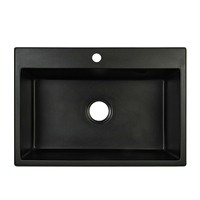 Évier de cuisine en granit noir de luxe à cuvette unique en quartz, design d'angle tendance, égouttoir rectangulaire, accessoire gain de place