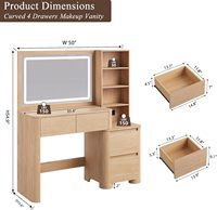 Coiffeuse en bois de 50 pouces avec miroir LED et bords incurvés, table de maquillage avec 4 tiroirs et station de charge Type-C pour chambre à coucher