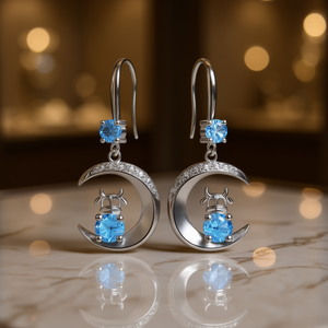 Pendientes con forma de luna y cristal azul, plata 925 chapada en rodio para mujer, joyería bonita para uso diario - Product Image 2