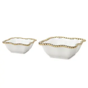 Керамические золотые бусины RCB008, декоративная чаша, белая десертная чаша, декоративная квадратная волнистая чаша