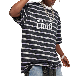 T-shirt pour homme à col rond rayé, mode américaine d'été, streetwear hip-hop, vintage délavé, grande taille - Product Image 3