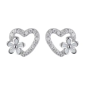 Pendientes Joyería Plata de Ley 925 Flor en Corazón Pendientes de tuerca para mujer Compromiso