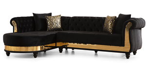 Gold Detailed Tufted Velvet Convertible Sectional Set with L-Shape Design for Living Room in Black - Product Image 3