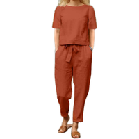 Ensemble d'été vintage en satin pour femmes européennes et américaines chemisier surdimensionné à demi-manches et à col en O avec robe décontractée en lin et coton à jambes larges