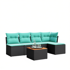 ชุดโซฟาหวายสังเคราะห์สีดำพร้อมเบาะรองนั่ง เฟอร์นิเจอร์กลางแจ้งสำหรับ 6 ที่นั่ง ดีไซน์ร่วมสมัย สไตล์โมเดิร์น - Product Image 1