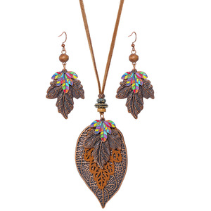 Ensemble collier et boucles d'oreilles feuille bohème en alliage plaqué bronze antique, bijoux de fête pour femme, ensemble tendance - Product Image 5