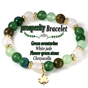 Nuevo Día de San Patricio 8mm Aventurina verde natural Lucky Four Leaf Clover Bead Stretch Bracelet para mujer