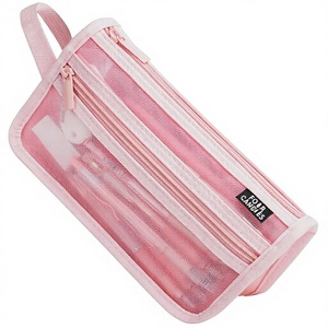 Estuche para lápices de doble capa transparente con cierre de cremallera y diseño de cuadrícula de cuatro compartimentos (rosa) - Ideal para viajes, uso en la oficina y la escuela para adultos - Product Image 1
