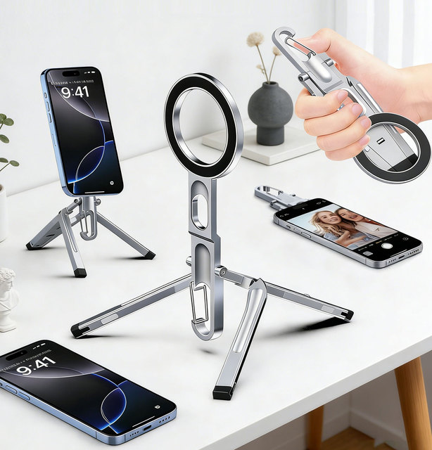 Foldable Aluminum Alloy Phone Holder Magnetic Tripod with Hook and Clasp for Travel and Outdoors Selfie Vlog, Live Streaming