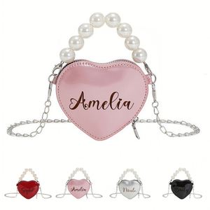 Bolso de Mano de Cuero con Asa de Perlas, Grabado Personalizado con Nombre, Mini Bolso de Hombro Elegante con Cadena, Color Sólido en Forma de Corazón - Product Image 1