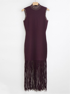 Abito Lungo Estivo da Donna di Alta Qualità, <span class=keywords><strong>Senza</strong></span> <span class=keywords><strong>Maniche</strong></span>, Collo Alto, Lavorato a Maglia, Aderente, con Spacco e Frange, Tinta Unita - Product Image 2