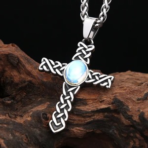 yunnique Stainless Steel Men's <b>Cross</b> Pendant Necklace With Blue Stone Bezel Setting Geometric Design Gift Jewelry - Product Image 1