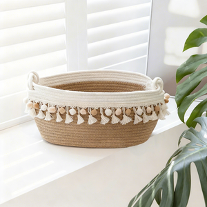 <span class=keywords><strong>Cesta</strong></span> de Almacenamiento de Cuerda de Algodón Tejida Estilo Boho Personalizada, Linda <span class=keywords><strong>Cesta</strong></span> Organizadora de Juguetes de Cuerda Bordada con Borlas de Pompones - Product Image 6