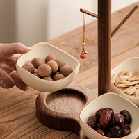 Ensemble de bols à collation avec support en bois, 3 bols en céramique à bord ondulé, base en noyer, pour servir les noix, les fruits secs, les bonbons, vaisselle de table à thé