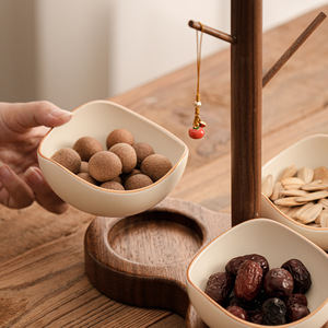 Set di Ciotole per Snack con Supporto in Legno, 3 Ciotole in Ceramica con Bordo Ondulato, Base in <span class=keywords><strong>Noce</strong></span>, Porta Noci e Frutta Secca, Servizio da Tavola per Tè - Product Image 3