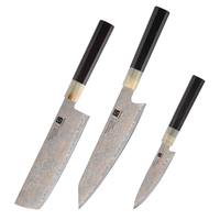 Ensemble de 3 couteaux Damas polyvalents tout usage : couteau de chef de 8 pouces, couteau Nakiri de 7 pouces et couteau à éplucher de 4,5 pouces pour les chefs à domicile