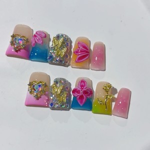 <span class=keywords><strong>Uñas</strong></span> Postizas Hechas a Mano, Estilo Floral Europeo Americano, Diseño Corto de Pico de Pato, Tallados Tridimensionales en Relieve - Product Image 3