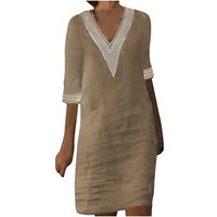 Robe d'été élégante mi-longue à manches longues en coton et lin à pois jacquard, col en V, style vintage décontracté